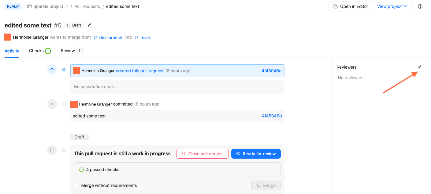 Screenshot of pull request in Reunite with arrow pointing to the pencil icon next to Reviewers