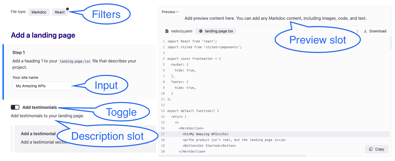 Screenshot of an example code walkthrough explaining Redocly's config file with callouts for filters and preview slots