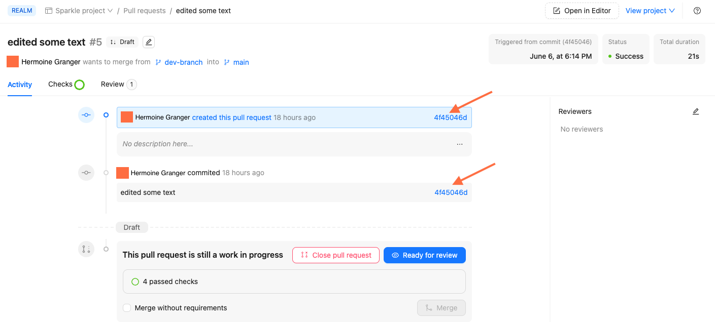 Screenshot of pull request in Reunite with arrows pointing to commit hash links