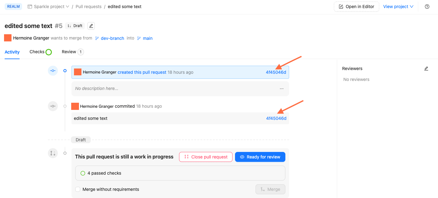 Screenshot of pull request in Reunite with arrows pointing to commit hash links