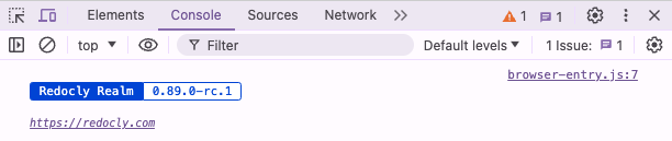 Screenshot of the console in Chrome showing the Redocly Realm version