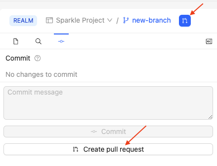 Screenshot of the Commit tab with arrows pointing to Create pull request icon and button