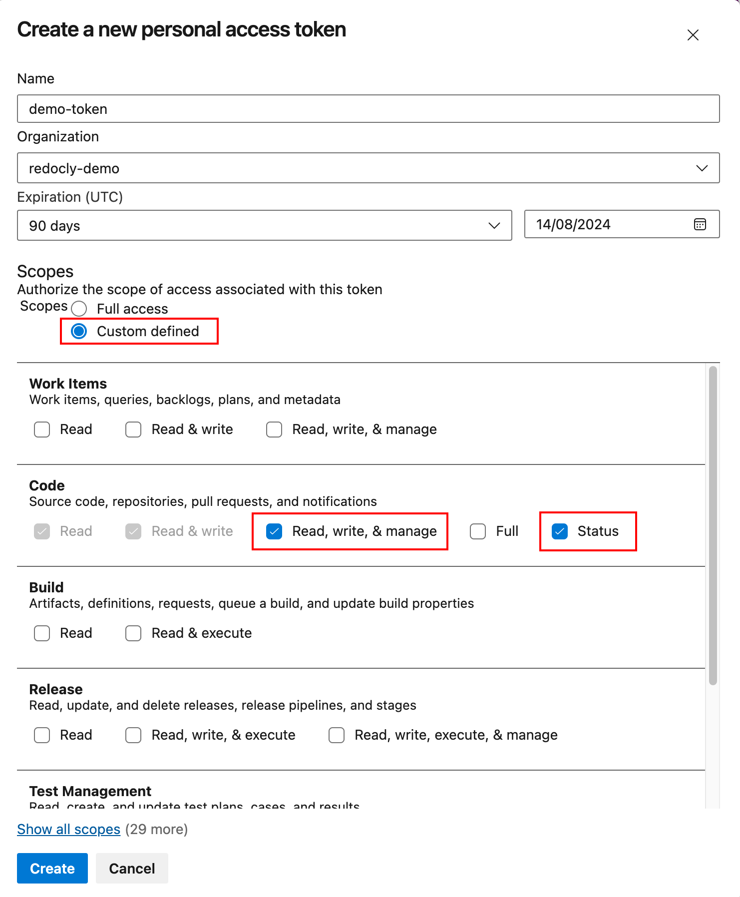 Screenshot with Azure scopes