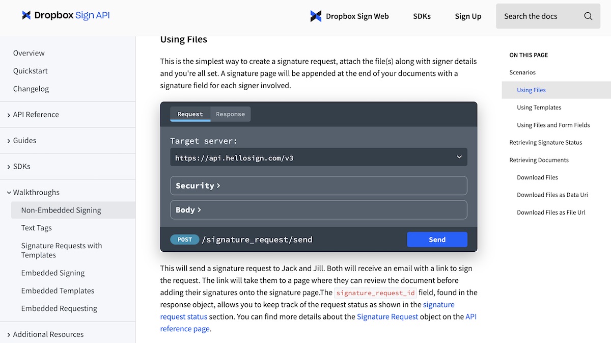Screenshot of Dropbox Sign docs.