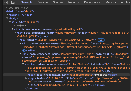 A screenshot of development tools Elements tab with the location of data-translation-key highlighted