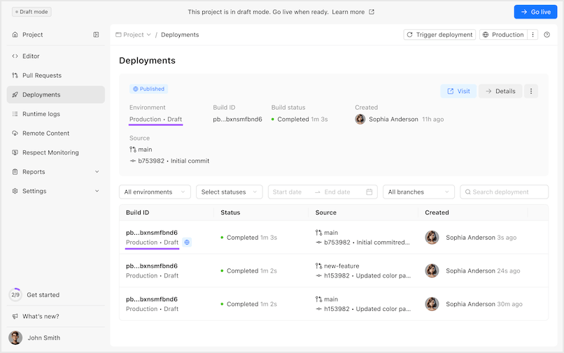 Draft mode banner above a deployments table listing production and preview builds marked as Draft