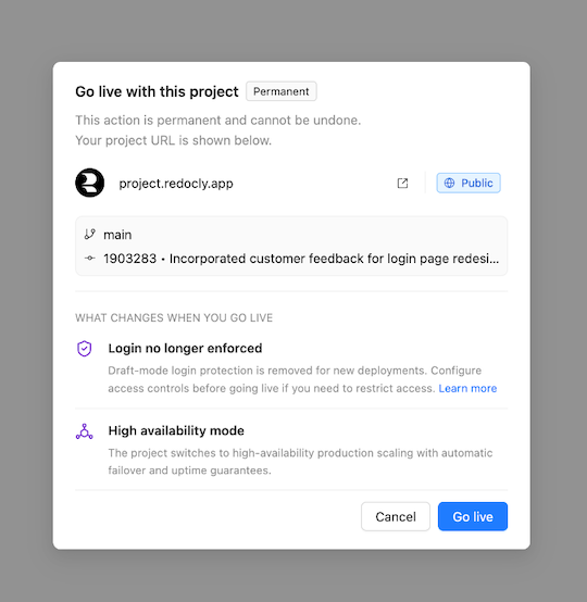 Go live confirmation dialog with project information, branch and commit to publish, and Cancel and Go live actions