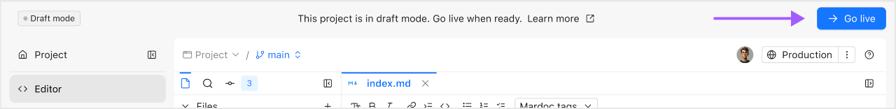 Project Editor with a draft mode banner across the top and a Go live button on the right