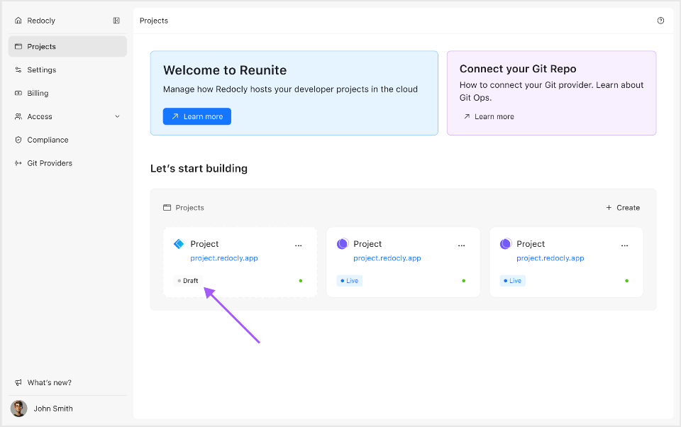 Projects list with live and draft project cards; the draft project shows a Draft badge