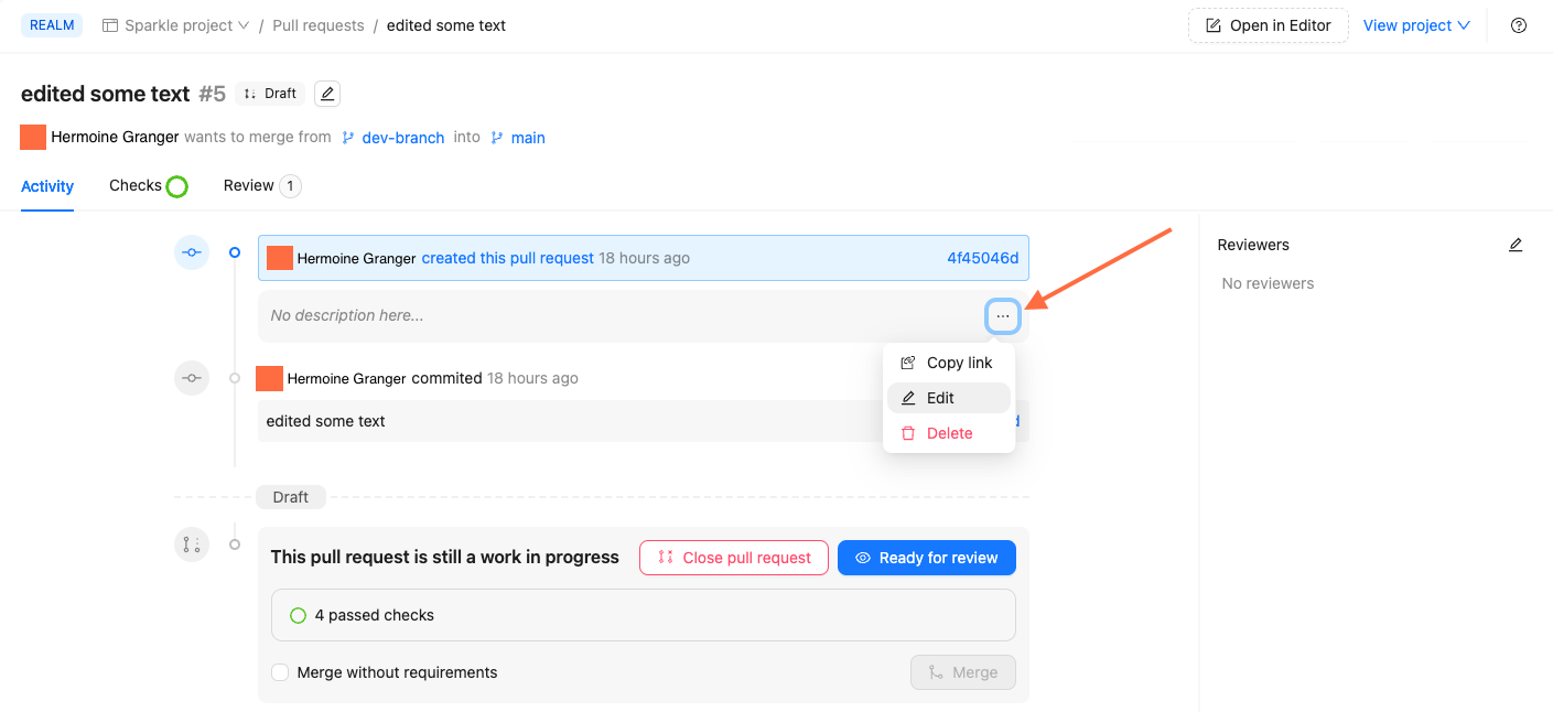 Screenshot of pull request in Reunite with an arrow pointing to the more options dropdown icon