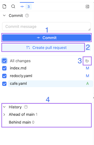 Screenshot of the Commit tab in Reunite editor with History panel expanded