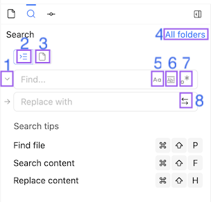 Screenshot of the Search tab in Reunite editor