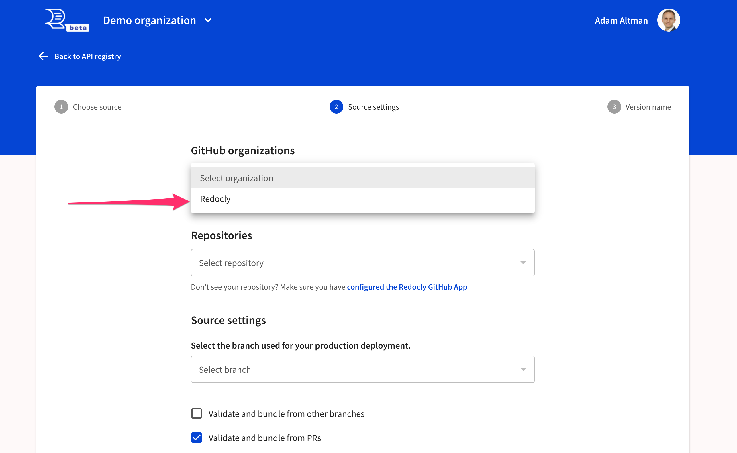 Organization screen