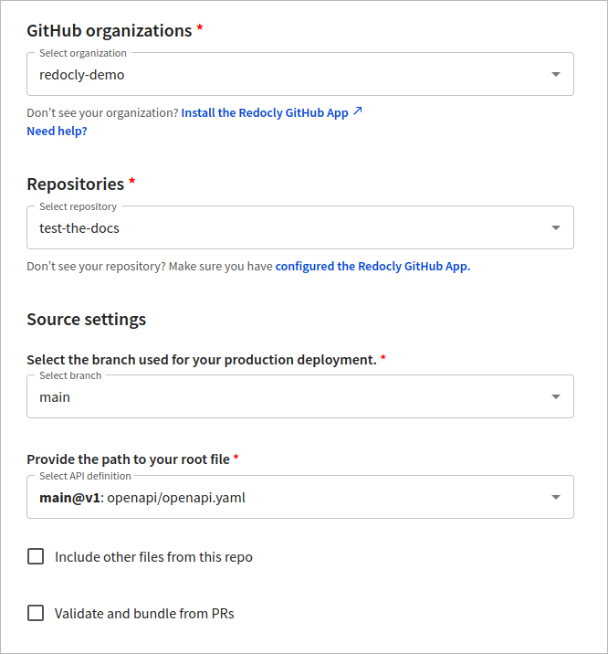 GitHub source settings