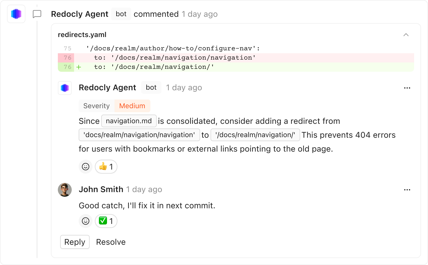 Redocly Agent review comment on a pull request