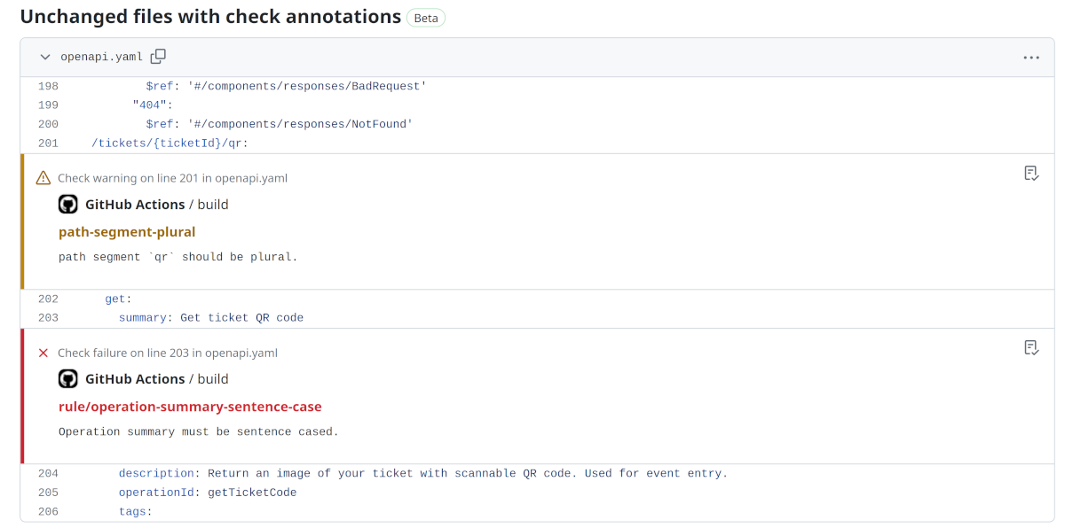GitHub annotates warnings and errors in the Files changed tab