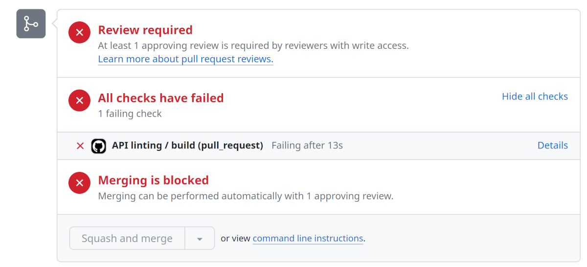GitHub pull request screen showing that one of the checks failed