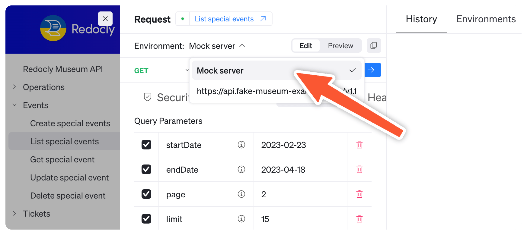 Screenshot of the Mock server being selected from environments dropdown.