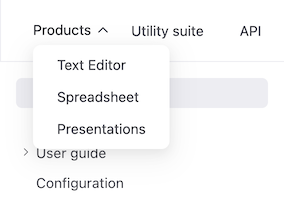 Screenshot of a project page's navigation bar with expanded list of products