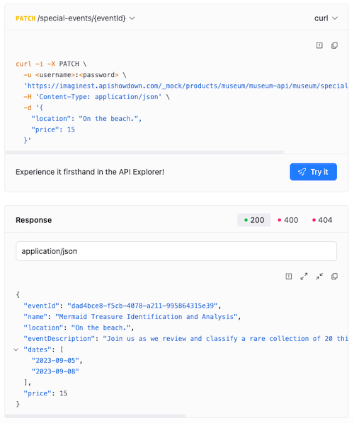 Screenshot of a request and response in OpenAPI reference documentation