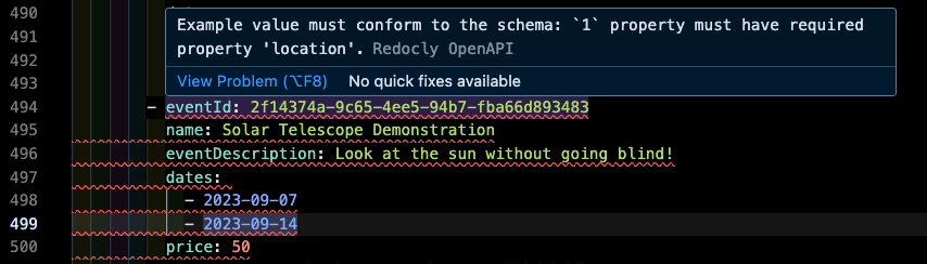 A payload in an OpenAPI description with a validation error. The error calls out a property in the schema that is missing from the example payload.