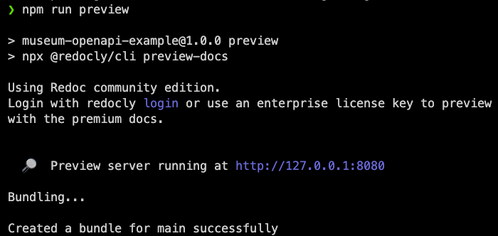 Console output from running the "redocly preview docs" command. The output contains a hyperlink to localhost, where the preview is running locally.