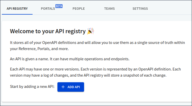 API registry page with the Add API button