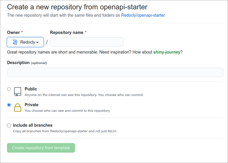 Dialog for creating a new repository from template