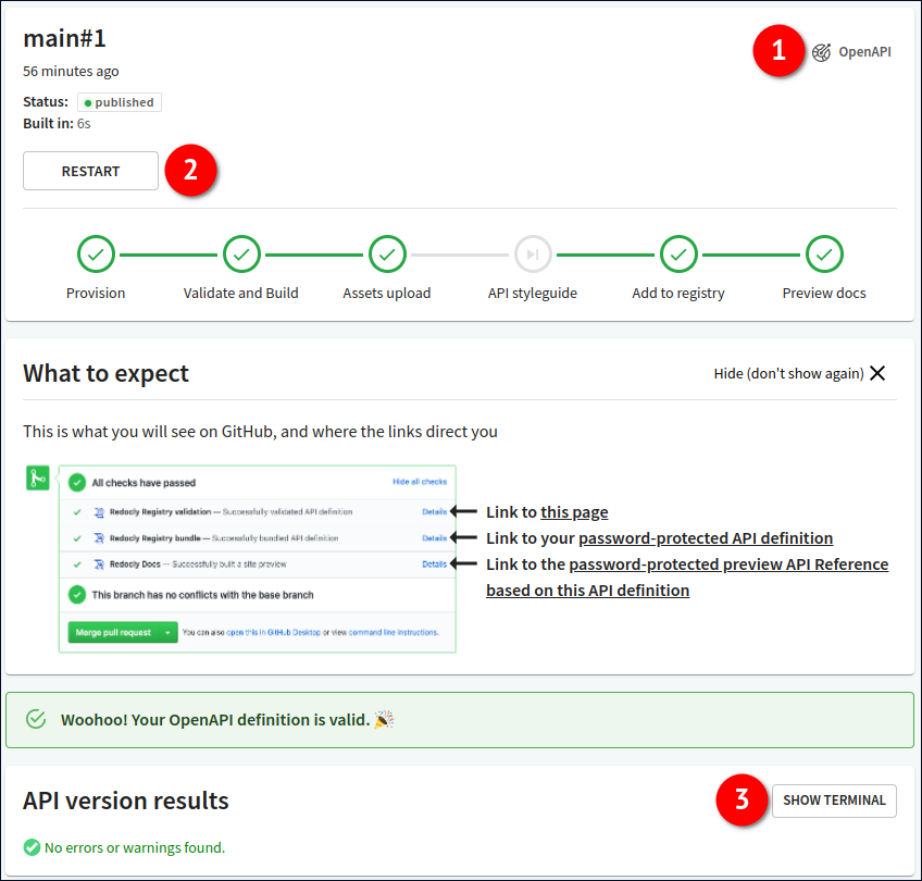 The log details page for an API definition