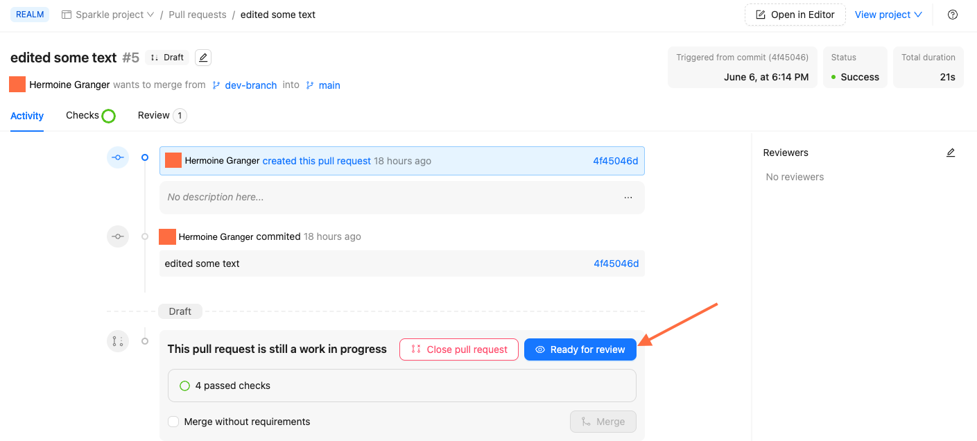 Screenshot of pull request in Reunite with an arrow pointing to the Ready for review button