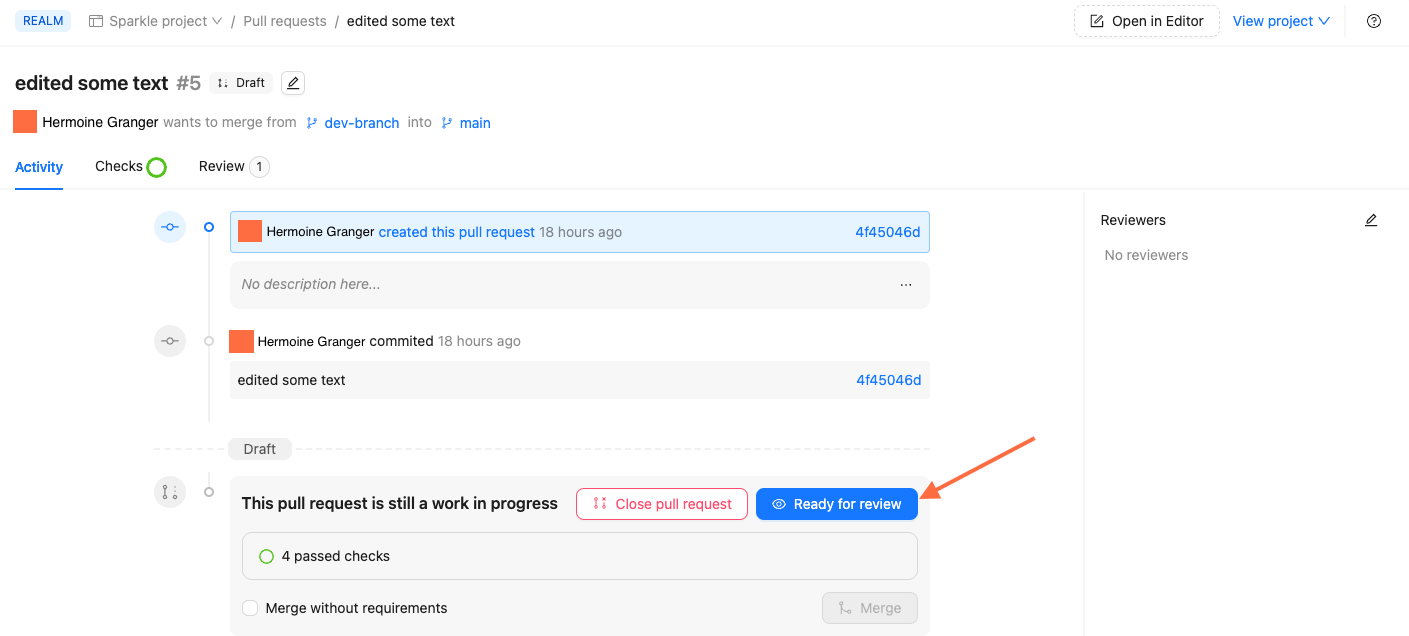 Screenshot of pull request in Reunite with an arrow pointing to the Ready for review button
