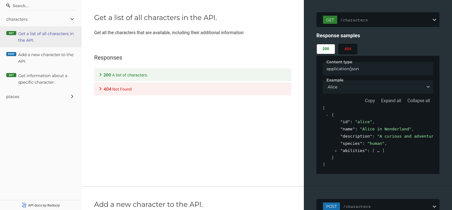 Example API reference from Redoc