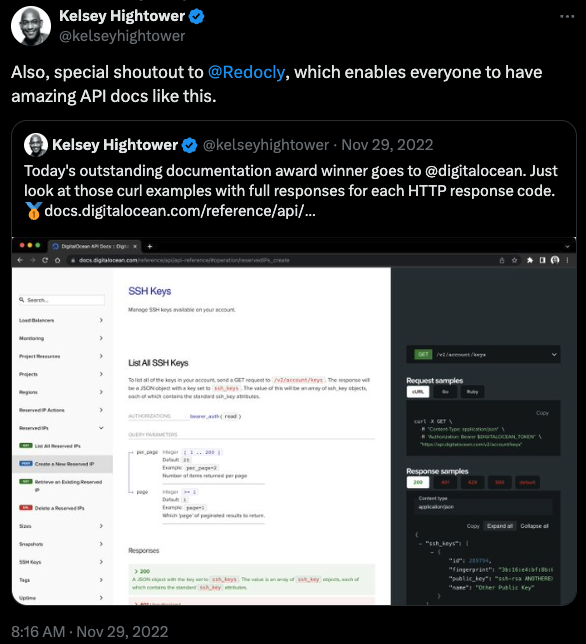 Screenshot of a tweet from Kelsey Hightower complimenting API documentation powered by Redocly.