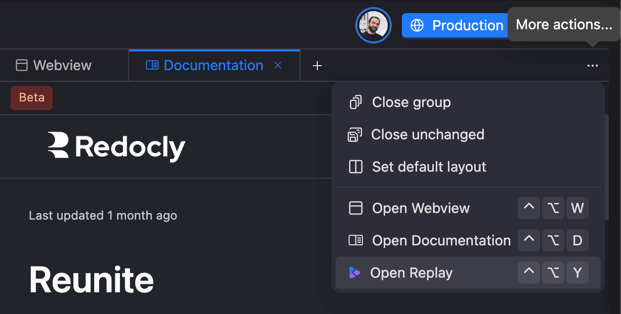 Screenshot of the Replay tab being open using the More actions menu in the editor tabs header