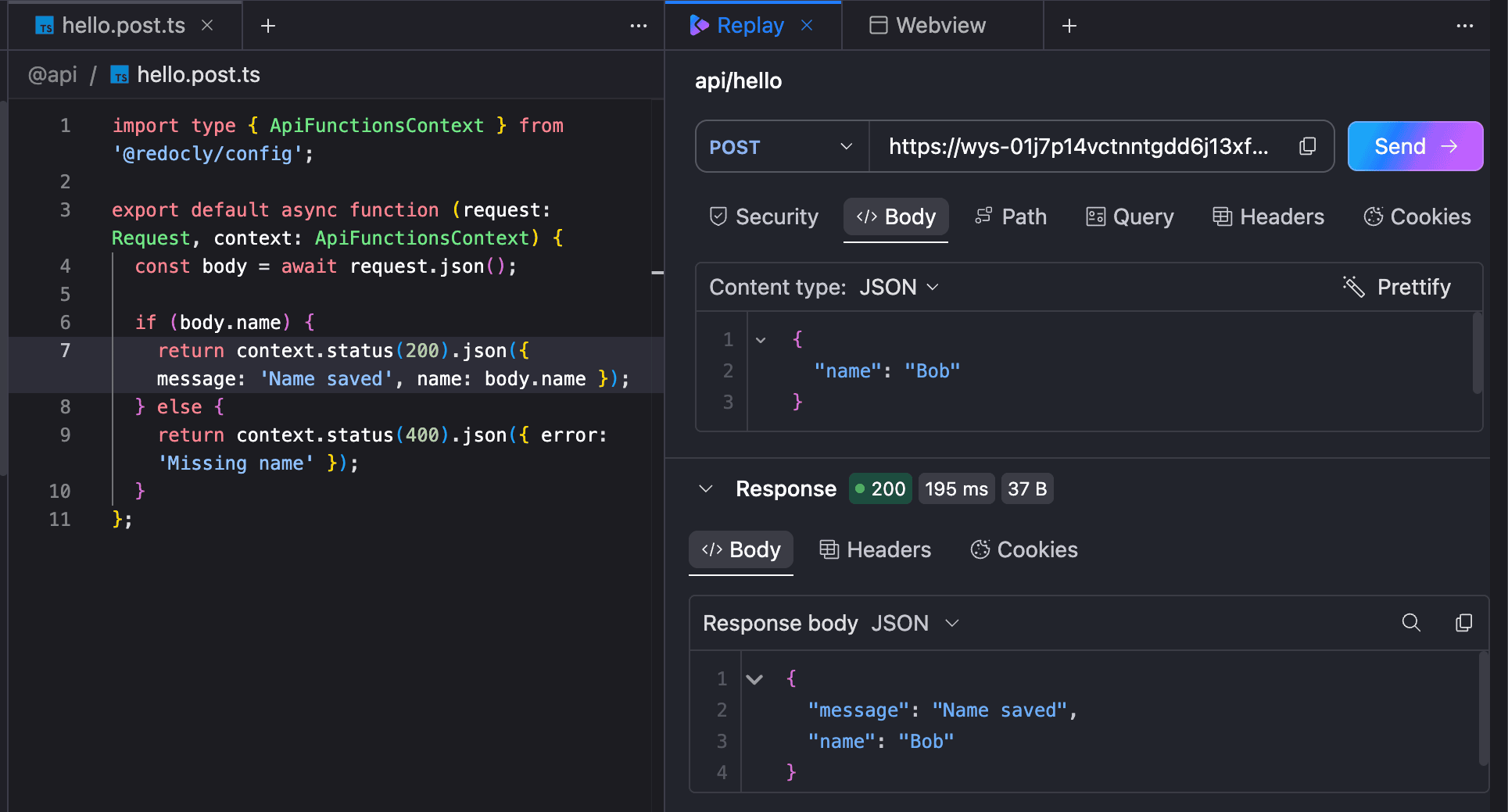 Screenshot of the Replay tab open in the Reunite editor, displaying a request and its response next to the file a user is editing