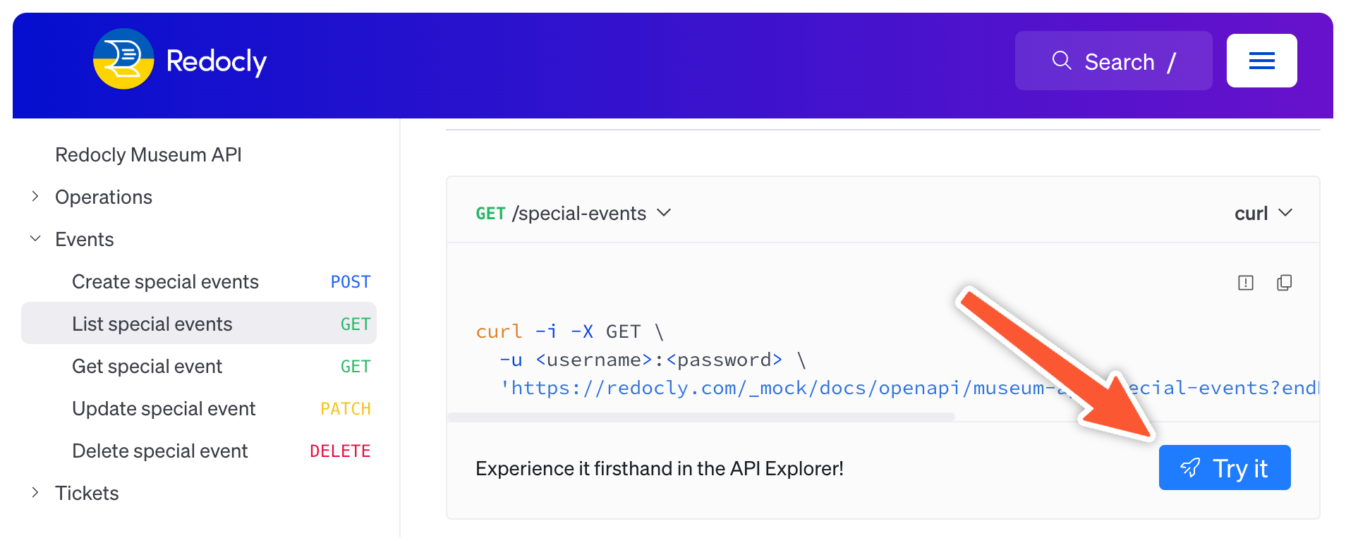 Screenshot of the Try it button for the List Special Events operation.