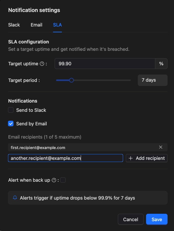 Screenshot of SLA notifications configuration showing Slack and Email options