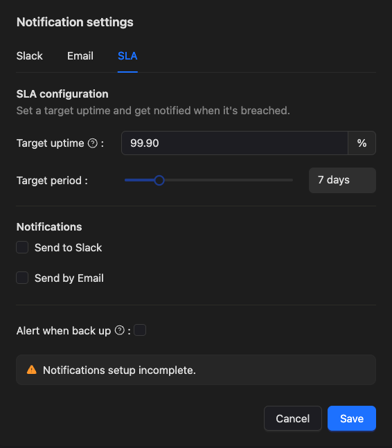 Screenshot of Respect Monitoring notifications modal with SLA tab selected
