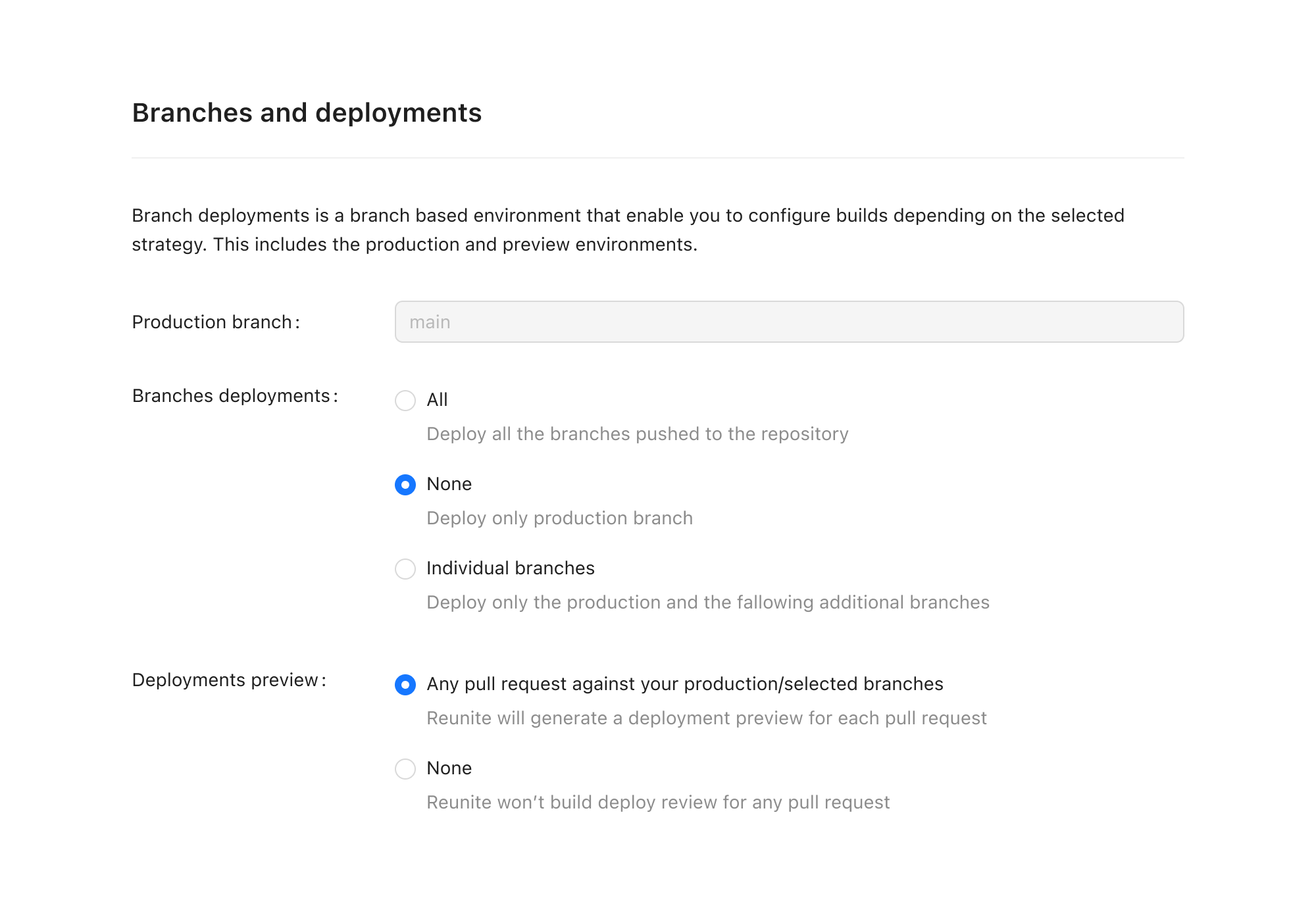 Screenshot of Reunite branches and deployments configuration interface