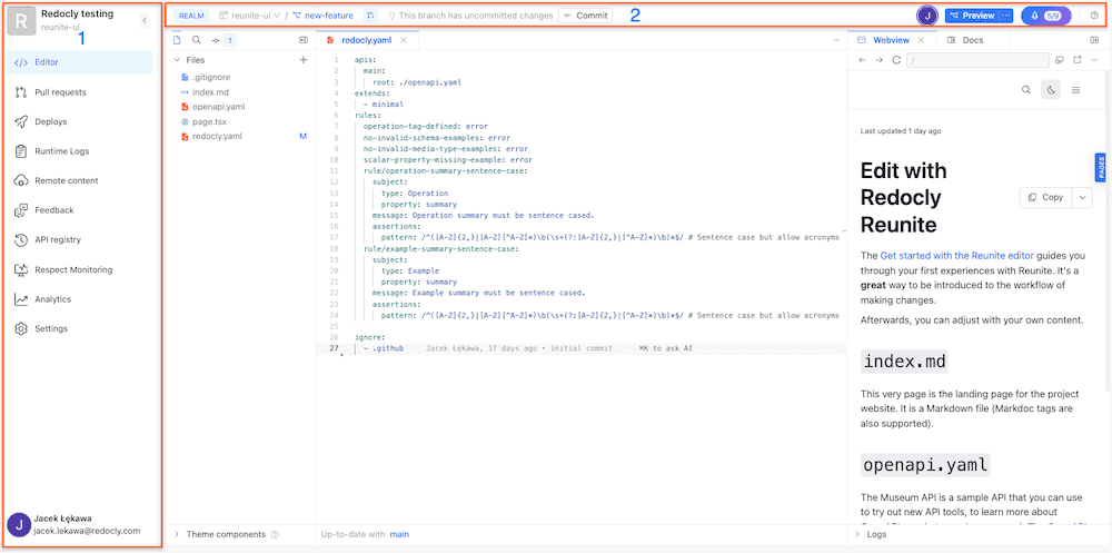 Screenshot of a project workspace page in Reunite