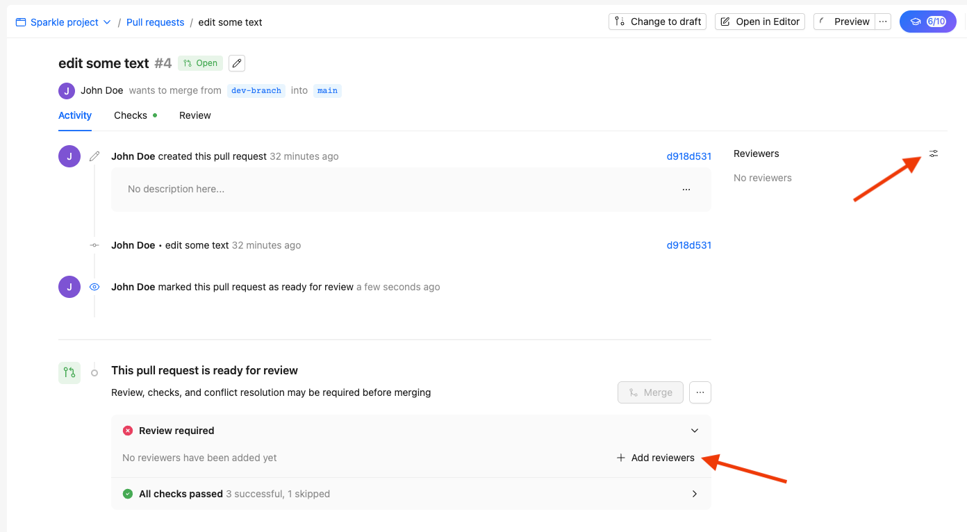 Screenshot of pull request in Reunite with arrow pointing to the adjustments icon next to Reviewers