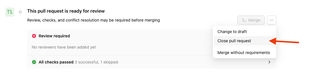 Screenshot of pull request in Reunite with arrow pointing to the Close pull request option