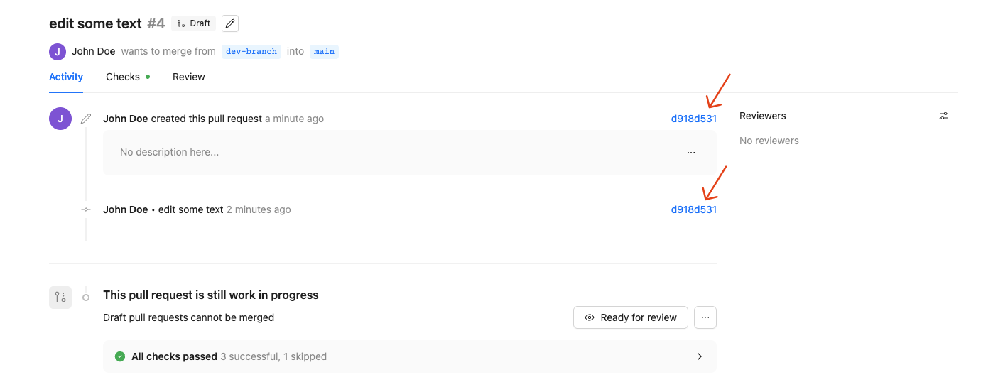 Screenshot of pull request in Reunite with arrows pointing to commit hash links