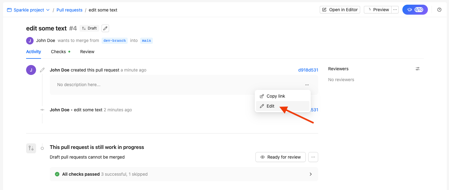 Screenshot of pull request in Reunite with an arrow pointing to the more options dropdown icon