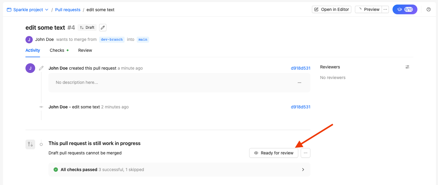 Screenshot of pull request in Reunite with an arrow pointing to the Ready for review button