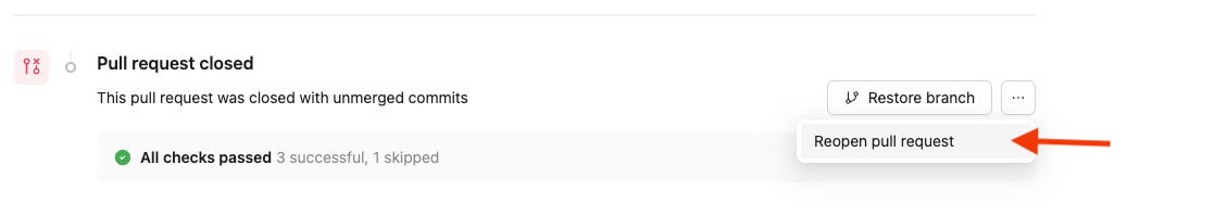 Screenshot of pull request in Reunite with arrow pointing to the Reopen pull request option