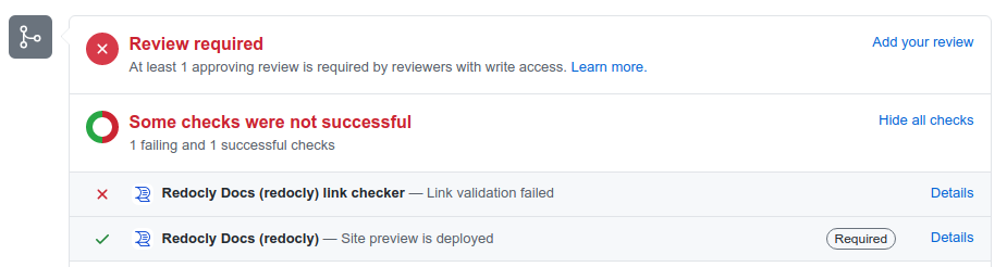 Redocly checks on a GitHub pull request