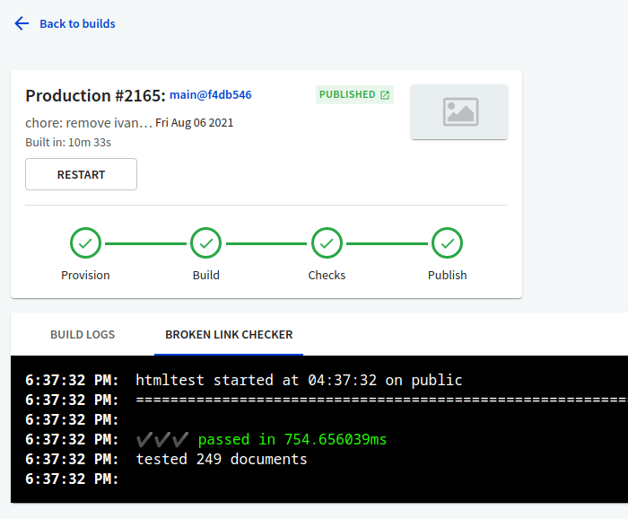 Broken link checker tab on the portal build page