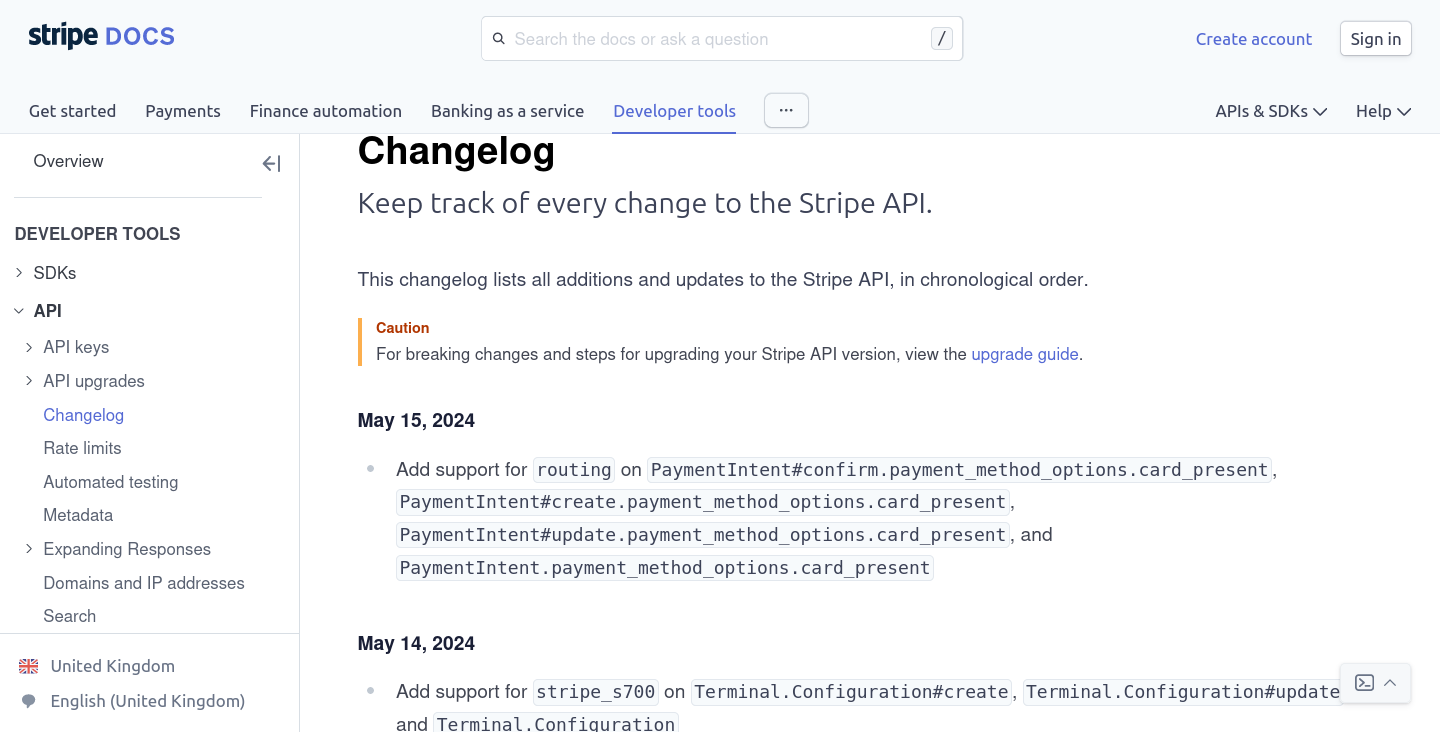 Screenshot shows date entries and a list of changes from Stripe's docs
