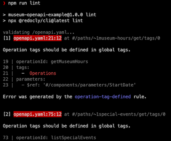 Console output from the Redocly CLI linter with errors that say "Operation tags should be defined in global tags".